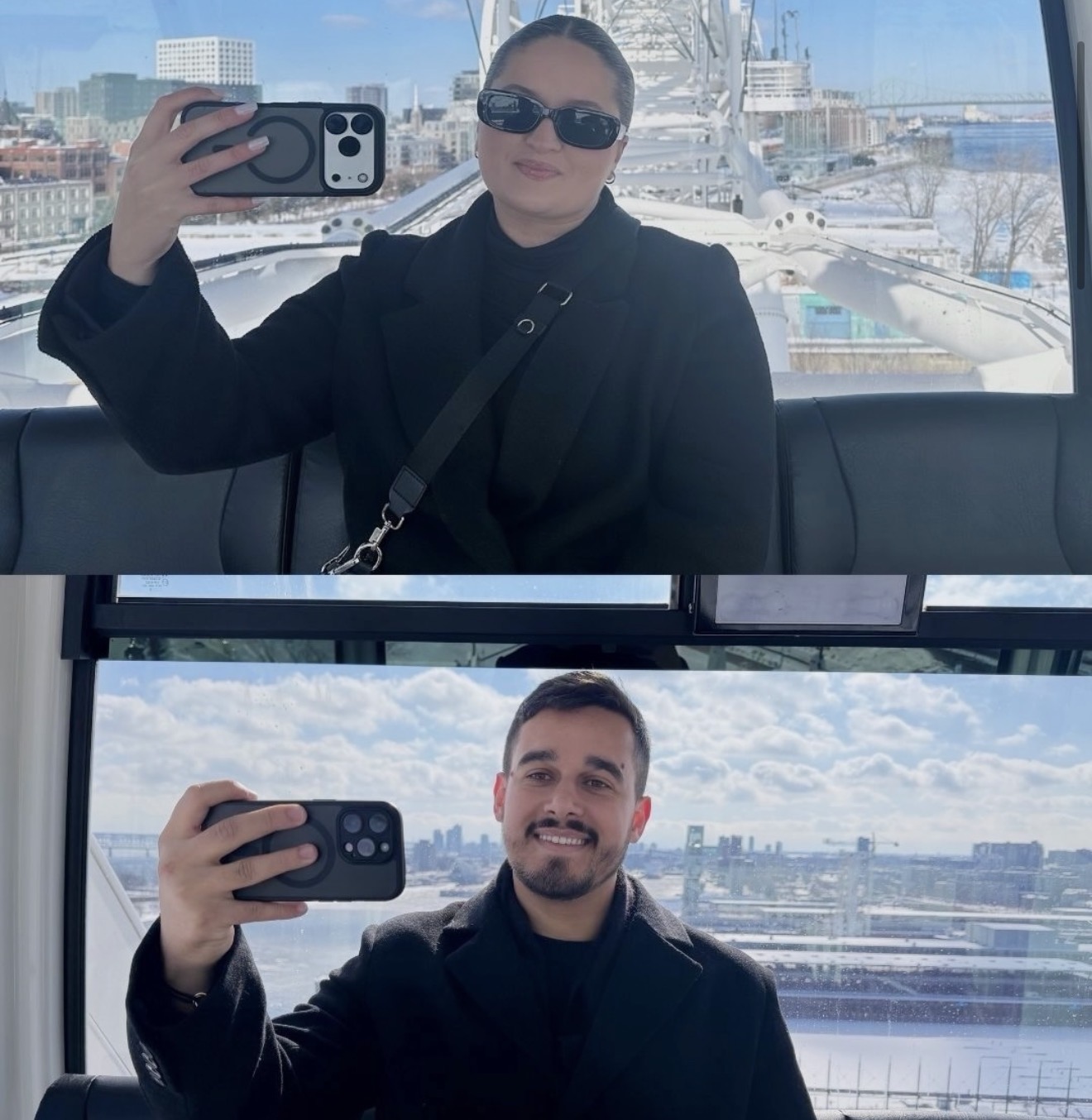 Layza and Matheus taking winter selfies on the observation wheel